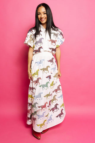 Queen Of Sparkles White Multi Horse Cotton Maxi Skirt