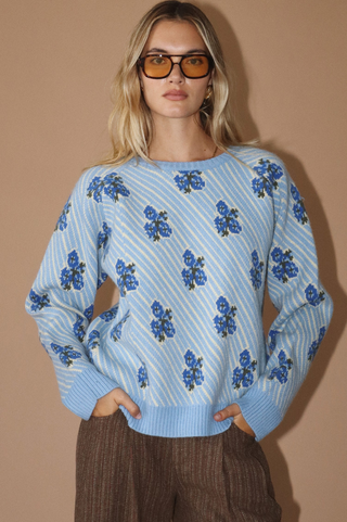 Bailey Rose Knit Sweater with Blue Floral Jacquard Pattern