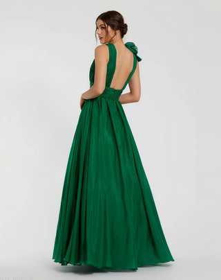 TS Mac Duggal Emerald Green Ruffle Shoulder V-Neck Chiffon Gown