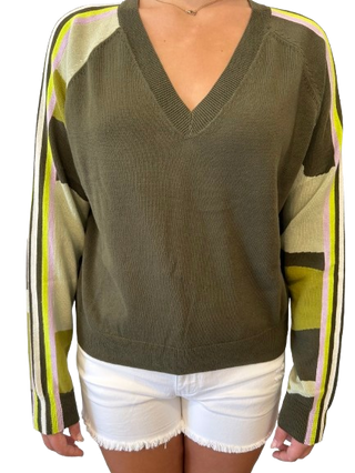 Brodie Maeve Camo Stripe Sleeve Sweater