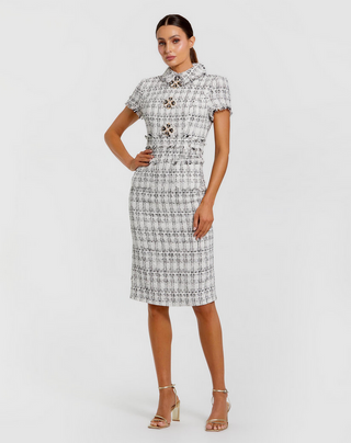 TS Mac Duggal White Fitted Boucle Short Sleeve Button Up Midi Dress
