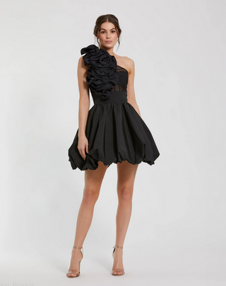 TS Mac Duggal Black Taffeta One Shoulder Ruffle Bubble Mini Dress