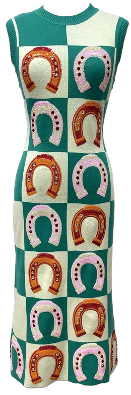 Queen Of Sparkles Teal Checkered Horse Shoe Knit Maxi Dress