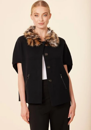Dolce Cabo Faux Fur Trimmed Cocoon Cardigan in Black Chesnut