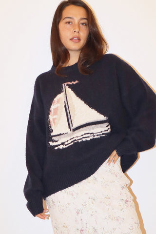 Bailey Rose Sailboat Knit Fuzzy Sweater in Navy