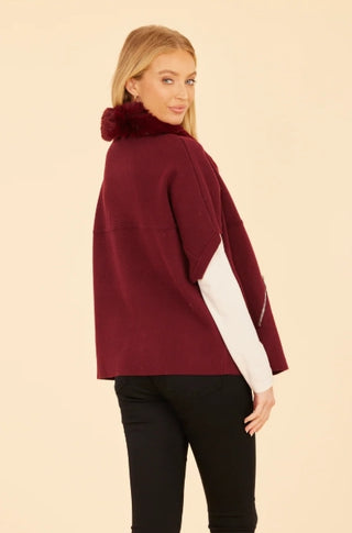 Dolce Cabo Faux Fur Collar Short Sleeved Maroon Cardigan