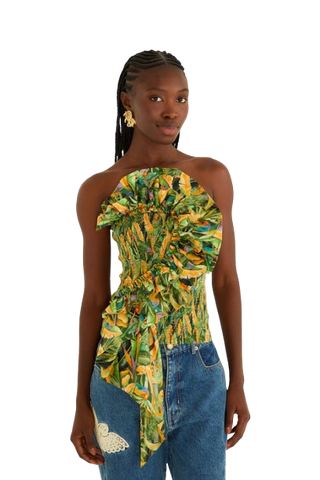 Farm Rio Parrots Forest Green Smocked Strapless Top