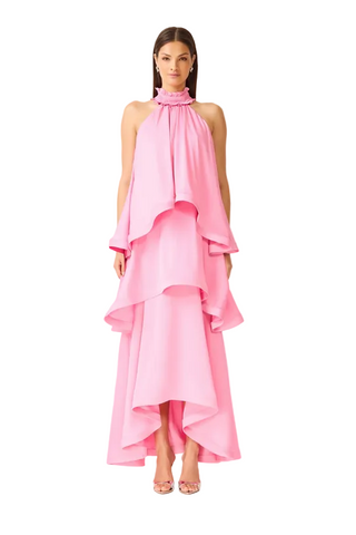 Elliatt Calista Ruffle Neck Tiered Gown In Pink