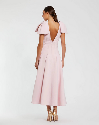 TS Mac Duggal Pink Crepe A Line Midi Dress With Bow Straps