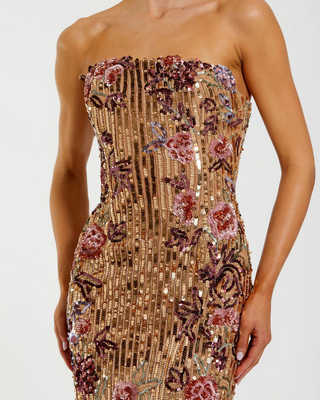 TS Mac Duggal Gold Floral Embellished Strapless Column Dress