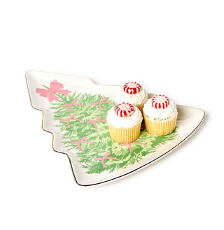 Two's Company Bow-tiful Trees Christmas Tree Shape Plate with Gold Metallic Rim