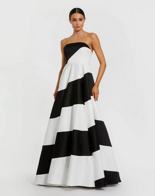 TS Mac Duggal Black and White Striped Satin Strapless Ball Gown