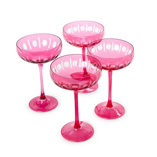 Two's Company Sparkling Cut Set of 4 Pink Hand Engraved Coupe Glasses