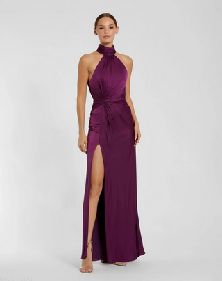 TS Mac Duggal Purple Open Back High Neck Side Ruched Gown